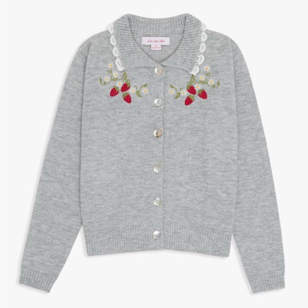 Lisa Says Gah NWT Callie Embroidered Cardigan Grey with Strawberry